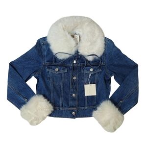 Gap × Sandy Liang Denim Jacket Vegan Fur Cropped Small Starry Eye Blue NWT